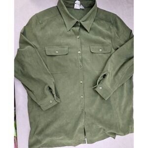 Roamans Buttpn Up Top Shirt Plus Size Olive Green‎ Polyester Spandex Womens 1X